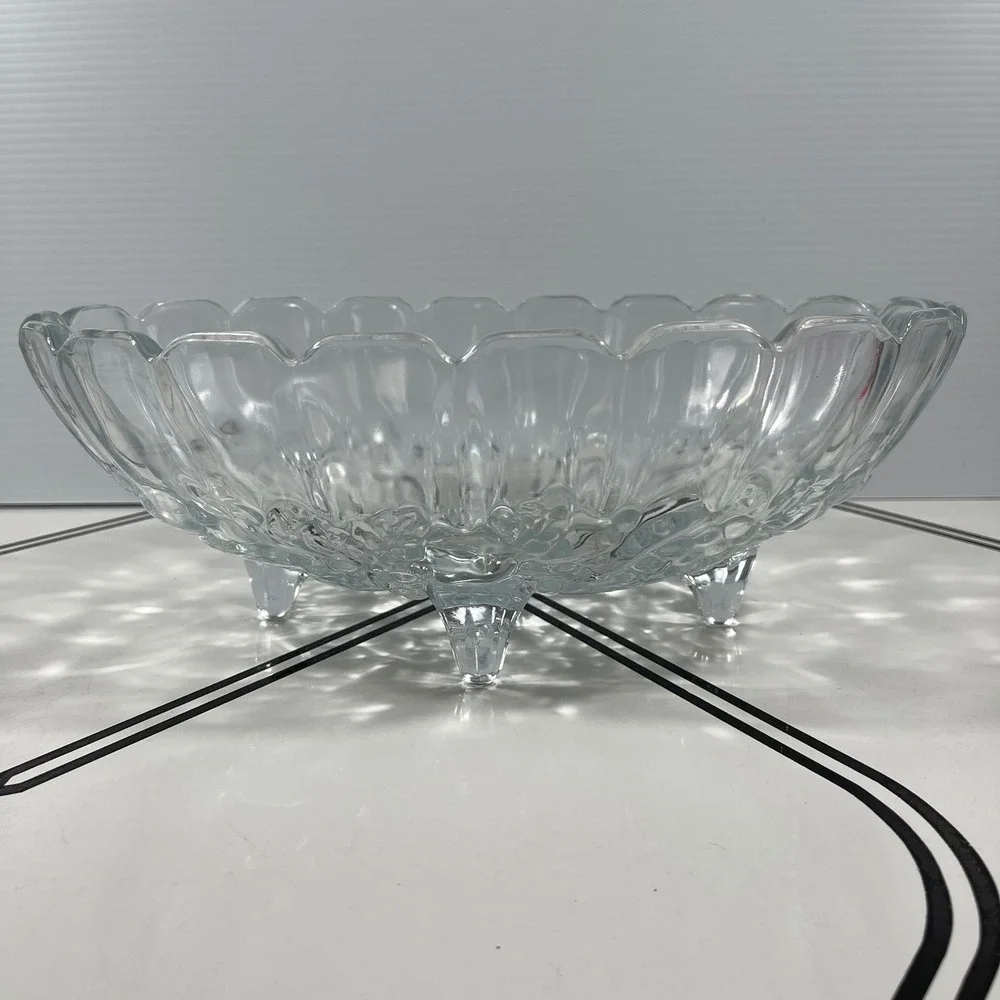 Vintage Indiana Glass Clear Footed Oval Scalloped Fruit Bowl 12
